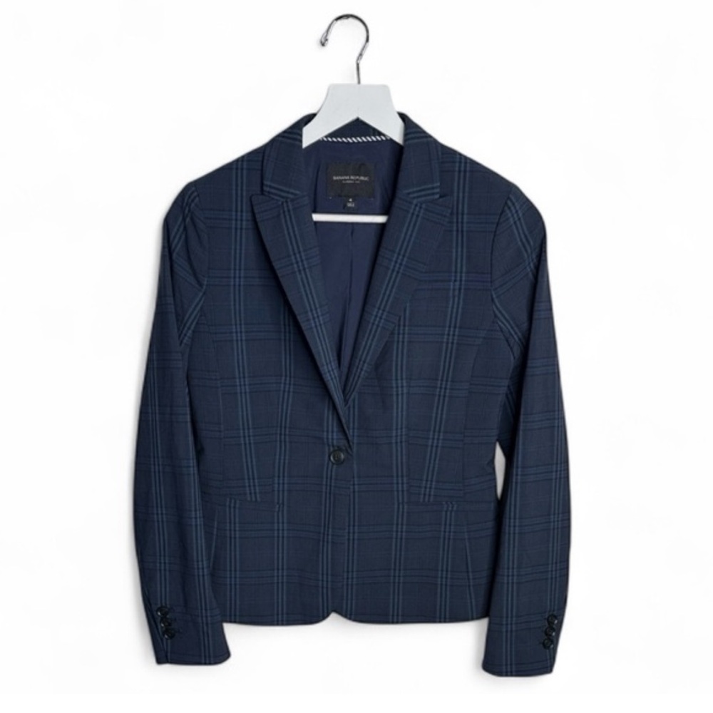 Banana Republic Washable Wool Navy Plaid Blazer